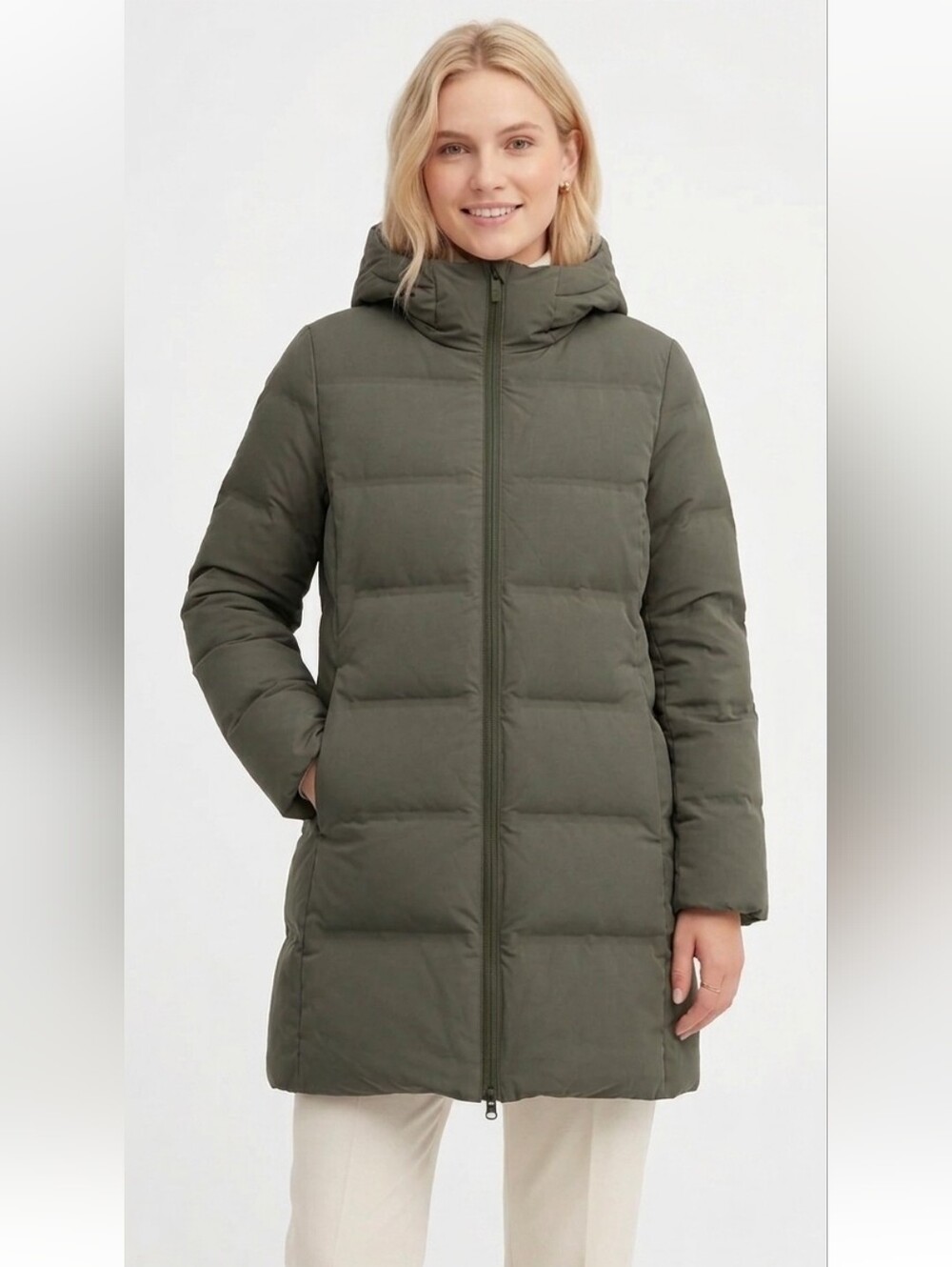 UNIQLO Seamless Down Hooded Jacket Coat Olive Green XS